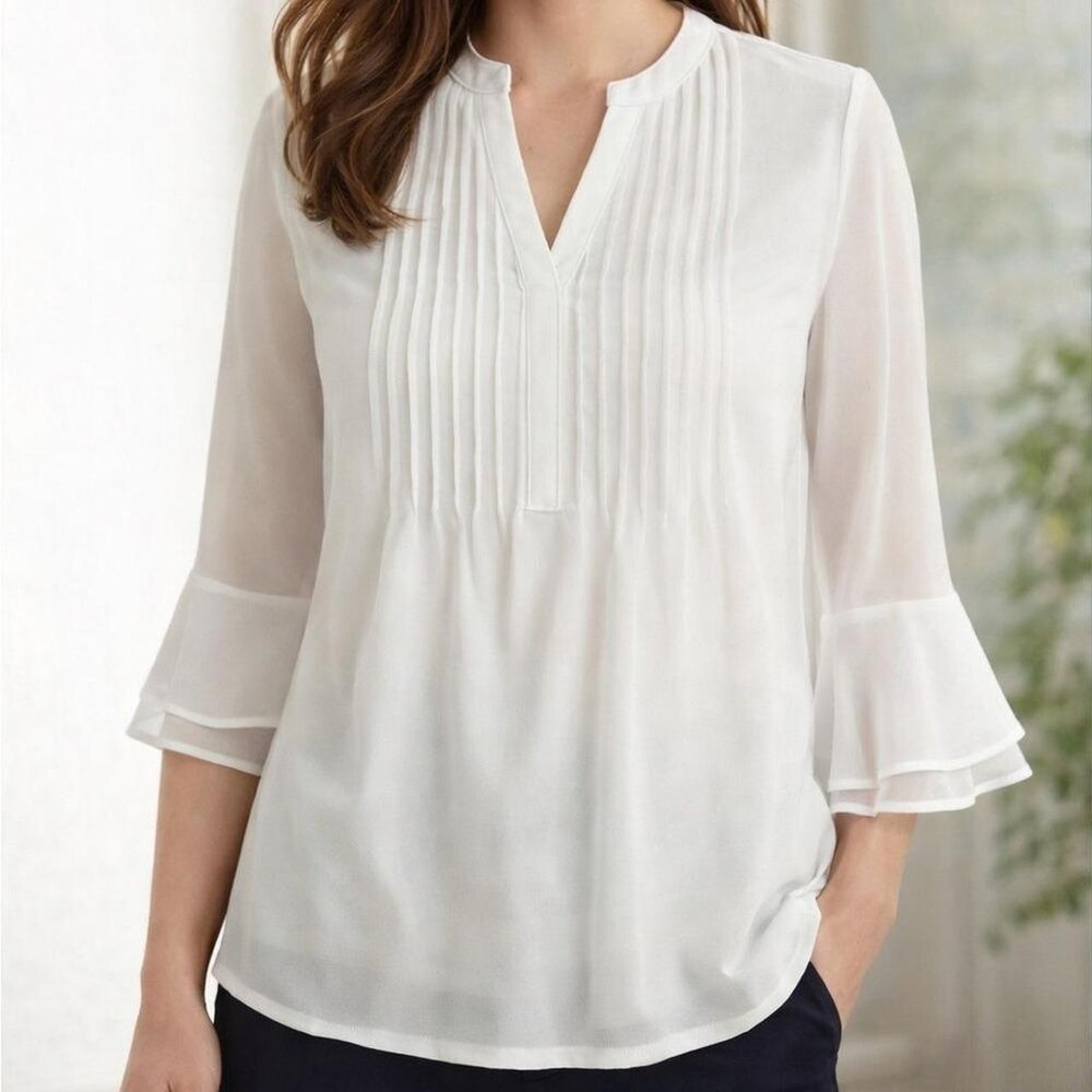 Charter Club Petite White Pintuck Bell Sleeve Blouse Cloud 100005877P PS